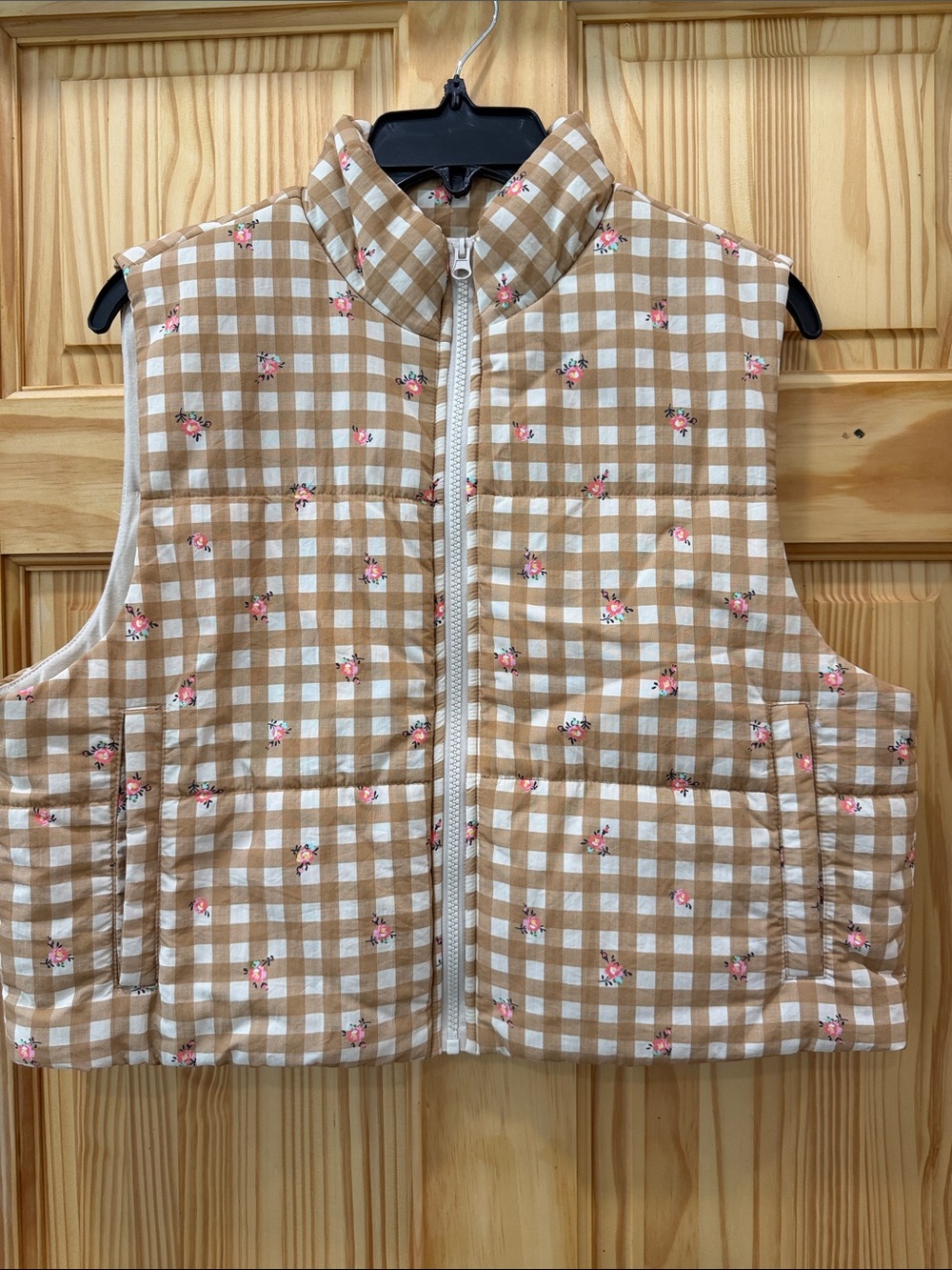 Tan Gingham Puffer cropped vest